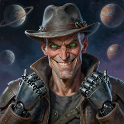 an intimate portrait of a gnarly human cyberpunk captain, old skin, faded hat, robot hands, charming, strong leader, green eyes, a look of cunning, big smile, detailed matte fantasy painting, the planets and storms behind him