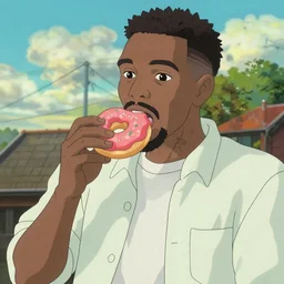 j dilla eating a donut, in the style of hayao miyazaki