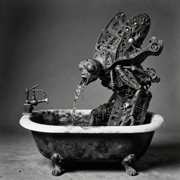 extreme harsh lighting antique photograph of biomorphic surreal sculpture of a humanoid insect drinking from a poison bathtub, made of black plaster and old circuitry and stained with charcoal, fractal 3 d structure, sculpted by alexander rodchenko and eva hesse, photographed by francesca woodman, tragic grainy high contrast shocking detail trending on artstation 8 k