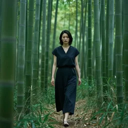beautiful japanese woman walking through a bamboo forest, greg rutkowski, drab greens, dark greens