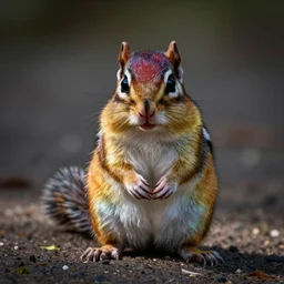 a dlsr canon shot of a cute colored furry chipmunk with rainbow fur full body, centralized, no distortion, colored fur, intense colors, hdr, photorealistic, ultrareal, zeiss lens, depth of field velvet spectrum