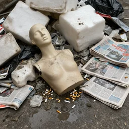 lumpy dirty styrofoam garbage dump next to a broken mannequin, sigarette buds, wet newspaper, magazines, dirty water puddle, 8k - width 1080