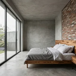 hyper realistic one point perspective of bedroom, wood, concrete, brick, glass