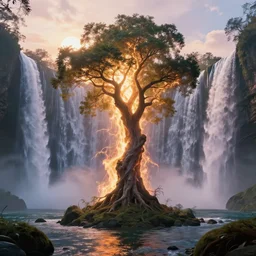 tree surrounded by waterfalls!!!!!!!!!!!!!!!!!!!!!! sun setting, ross tran, nephilim, pyroclastic flow, ethereal, fantasy, james jean, oozium, peter morbacher angelarium alchemy luxury heavenly light soft illumination, trending on artstation, cinematic lighting, digital painting, octane render, art