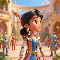closeup profile portrait of tin toy girl genie robots in aladdin's palace, nicoletta ceccoli, mark ryden, lostfish, max fleischer, depth of field, detailed and intricate environment, golden hour, 8 k resolution, hyperrealistic, octane render, vivid colors, bright, cheerful, detailed and intricate scifi environment