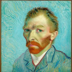van gogh's self portrait, the face is replaced by the dog's face, highly detailed