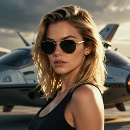 shoulder portrait of a cute mila kunis as a cyberpunk assassin posing in front of her spaceship, ar sunglasses, golden hour dramatic light, high contrast, sharp, stanley lau, stanley artgerm, wlop, beeple