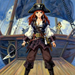 wide angle perspective of a female pirate, centered, single subject, a thrifty uniform, somewhat of an anime in impressionist style, trending artwork, made with anime painter studio, by claude monet and an anime artist, collaboration