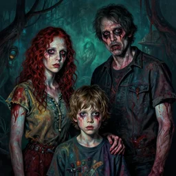 cinematic colorful horror artwork by artgerm, and mark brooks ; real life full portrait of three humans family posing together, the man was james, the woman was teri, and the boy was tyler ; melancholy haunting ; 8 k hdr, creepy intricate ; volumetric dramatic lighting, insanely detailed