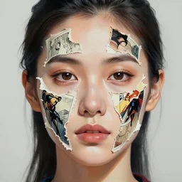 a painting of a woman's face with torn-up superhero comics on her face, a surrealist painting, behance contest winner, pop surrealism, surrealist, detailed painting, poster art
