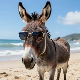 A donkey wearing cool sunglasses at the beach, amazing detail, digital art, in the style of Heraldo Ortega