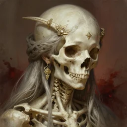 stunning northern goddess of skull portrait, bones, skull, dirt, bloody background fantasy, intricate, elegant, highly detailed, digital painting, artstation, concept art, smooth, sharp focus, illustration, art by afshar petros and krenz cushart and artem demura