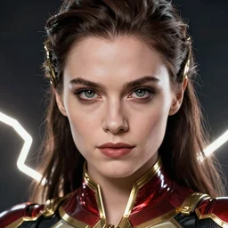 close up portrait of a beautiful woman as evil the flash in smooth armour, elegant, comic accurate, lightning, an ultrafine hyperdetailed illustration by kim jung gi, irakli nadar, intricate linework, sharp focus, bright colours, final fantasy, unreal engine 5, global illumination, radiant light