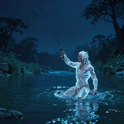 fantasy movie frame, panorama, a shining achilles fishing in the magic river styx, at night, magic, universal pictures, wide shot, surreal, deep