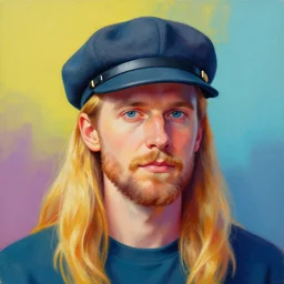 colorful painting of a man with long blond hair with no beard with a propellermutze, matte painting, trending on art station, ultra - detailed, hq