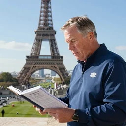 Coach Belichick studying a football playbook while on vacation at the Eiffel tower