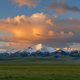 a beautiful fantasy landscape art, orange clouds, blue sky and green grassland, snowy mountains, art by bob ross