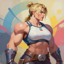 greg manchess portrait of margot robbie as thick female bodybuilder zarya from overwatch, epic grimdark, fantasy, medium shot, asymmetrical, profile picture, organic painting, sunny day, matte painting, bold shapes, hard edges, street art, trending on artstation, by huang guangjian and gil elvgren and sachin teng