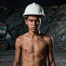 portrait of brazilian miner in a quarry, 3 0 yo, angry look, small tattoos, dark background, studio light, hdr, nikon 3 5 mm f / 1. 8 g, by sebastiao salgado