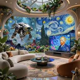 multiversal otherworldly luxurious living room with flying mecha tv with chic couch and table and lush volcanic garden and intricate high - end scifi scenery, allegorical style, by vincent van gogh and claude monet, beautiful, award winning scenery