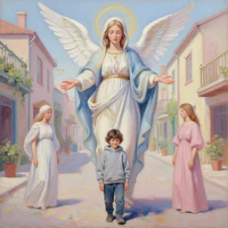 2 4 yo hunter schafer in the style of martine johanna and donato giancola, wearing a hoodie, standing in township street, madonna surrounded by angels,!! haute couture!!, full figure painting by john berkey, david choe, ismail inceoglu, pastel color palette, detailed impasto, 2 4 mm lens