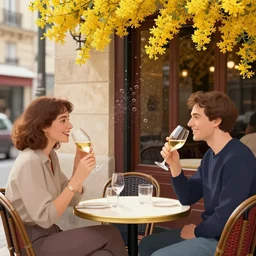 happy people drink wine outside a a parisian cafe. there are bubbles in the air and a golden laburnum tree in bloom is in the foreground and it is a sunny afternoon, painted by mucha and car avaggio