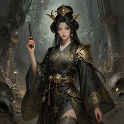 A full portrait of a powerful beautiful futuristic dystopian junktown Japanese necromancer sorcerer enchanter, intricate, elegant, highly detailed, digital painting, artstation, concept art, smooth, sharp focus, illustration, art by Krenz Cushart and Artem Demura and alphonse mucha
