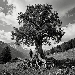 photography of alpine farmer overgrown by big alpine tree, centered, roots growing from body, dolomites, eerie _, despair _, vintage black and white photography _, artstation, _ digital _ art _, adward _ winning
