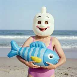 1981 woman on tv show wearing a happy squishy inflatable prosthetic mask, soft color wearing a swimsuit at the beach 1981 color film 16mm holding a an inflatable fish Fellini John Waters Russ Meyer Doris Wishman old photo