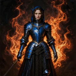 Gothic princess in dark and blue dragon armor. By Rembrandt painting (1667), fractal flame, highly detailded
