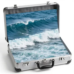 photorealistic ocean waves inside a briefcase, wave caps, view from above, studio lighting