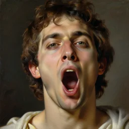 portrait of ancient greek man yawning with big eyes and sharp nose. fine detail. artistic painting by lurid