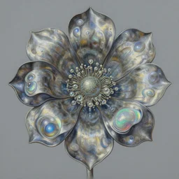 a painting of a metallic flower on a gray background, an airbrush painting by Earnst Haeckel and Louis Comfort Tiffany and H R Giger, trending on zbrush central, cloisonnism, high detail, detailed painting, biomorphic, bubbles, opalescent, exotic, alien hybrids.