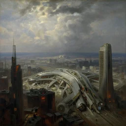 coruscant, cyberpunk, overhead view, distance shot, painting by albert bierstadt