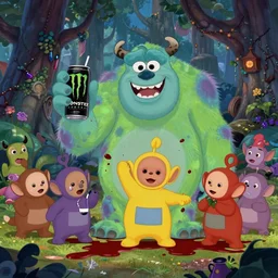 Movie frame from the edgy Monster energy drink coloured Disney animated motion picture released in 1937, Monster energy drink Wimmelbild, a giant villain Teletubbies is murdering everyone with blood everywhere, beautiful enchanted forest full of critters, directed by Walt Disney,  highly detailed background paintings by Thomas Kinkade