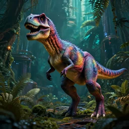 a cg render of a colorful 🦖 in a noir galactic jungle, 8 k, unreal engine, detailed, hyperrealistic, octane