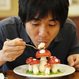 Shigeru Miyamoto eating a plate of super mushrooms at an Italian restaurant, photograph, detailed face