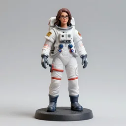 80mm resin detailed miniature of a Female Astronaut, clothed in space suit, glasses , olive skin, brown long hair, beautiful bone structure, symmetrical facial features, Product Introduction Photos, 4K, Full body,