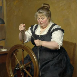 A 50 year old slightly chubby Barbra Streisand with ash-blonde hair in a bun is spinning yarn on a spinning wheel, by john singer sargent
