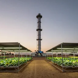 torus shaped electrostatic water condensation collector tower, irrigation system in the background, racks of vegetables propagated under shadecloth and hexagonal frames,  in the middle of the desert, XF IQ4, 150MP, 50mm, F1.4, ISO 200, 1/160s, natural light at sunset with outdoor led strip lighting