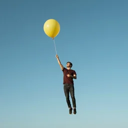 man flying through the sky by holding a balloon