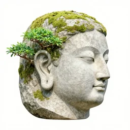 a face carved from stone overgrown with a bonsai growing out the ear, moss, watercolor, painterly, trending on artstation, close up portrait shot, muted earth tones, cinamatic, diffused light, hokusai, van gogh
