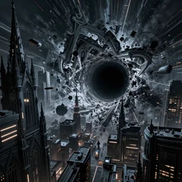ühoto of a black hole is destroying a gothic cyberpunk City