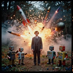 kodak portra 4 0 0, wetplate, colourful, blueberry, 1 9 3 0 s style, motion blur, portrait photo of a backdrop, explosions, rockets, bombs, sparkling, tin toy robots in a forest, haze, fog, by georges melies and by britt marling