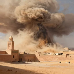 sandstorm in marrakech, highly detailed, digital painting, artstation, concept art, sharp focus, illustration, art by greg rutkowski and alphonse mucha