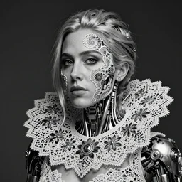 surreal black and white photo portrait of complex biomechanical nicole aniston cyborg with a mandelbrot fractal metal fine lace face, silver hair, 1 5 0 mm lens, soft rim light, fine metal floral foliage super big lace collar, alexander mcqueen, high fashion, haute couture, rococo, steampunk, silver filigree details, anatomical, facial muscles, cable wires, microchip, elegant, hyper realistic, octane render, unreal engine, by man ray and dora maar, volumetric lighting, 8 k,