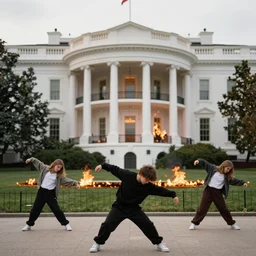 b - boys and b - girls break dancing on the white house front lawn as the building is in flames
