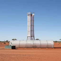 modular atmospheric water collector tower, fog collector tunnel, fine sailcloth mesh, windtrap, with irrigation reservoir in the australian red desert, simple composition, rule of thirds