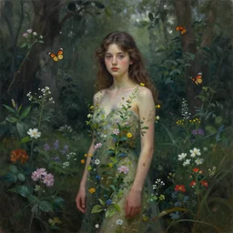a beautiful young girl posing for a photograph in the backdrop of a dense beautiful forest, flowers and little plants are growing out of her body, and the girl is surrounded by butterflies, gloomy atmosphere, an award winning oil painting