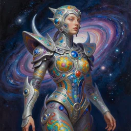 hyper detailed ultra sharp painting of a interstellar sentinel human. trending on artstation, warpaint aesthetic, earthwave, colorful, galactic, ornate, intricate, digital painting, concept art, smooth, sharp focus, illustration, art by artgerm and greg rutkowski and alphonse mucha, 8 k